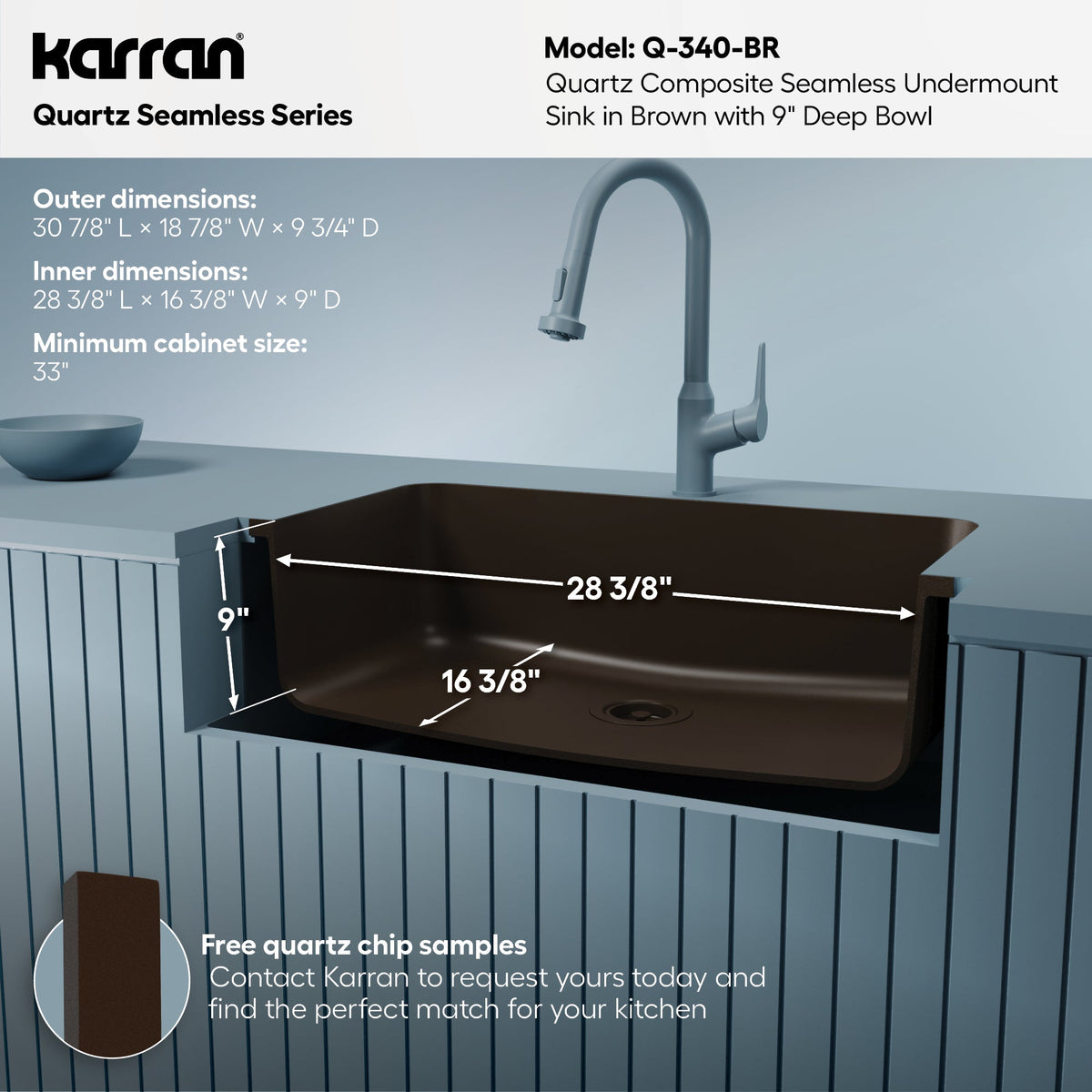 30-7/8" Seamless Undermount Large Single Bowl Quartz Composite Kitchen Sink In Brown