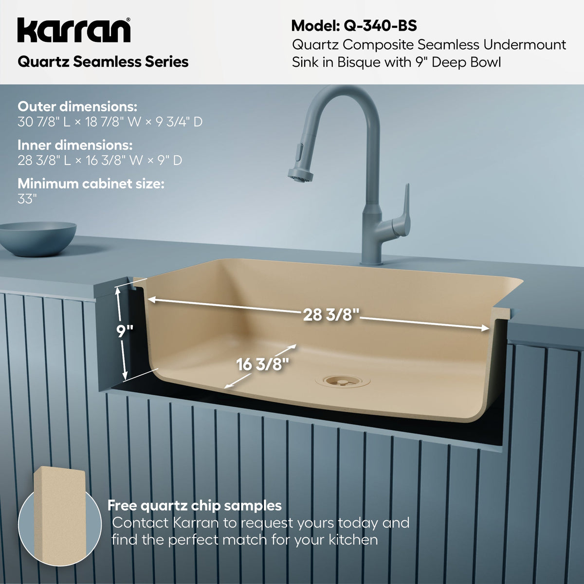 30-7/8" Seamless Undermount Large Single Bowl Quartz Composite Kitchen Sink In Bisque
