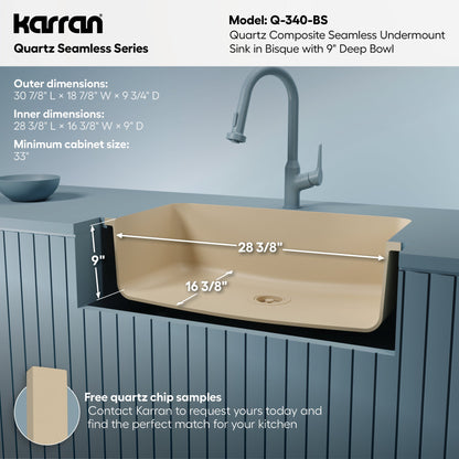 30-7/8" Seamless Undermount Large Single Bowl Quartz Composite Kitchen Sink In Bisque