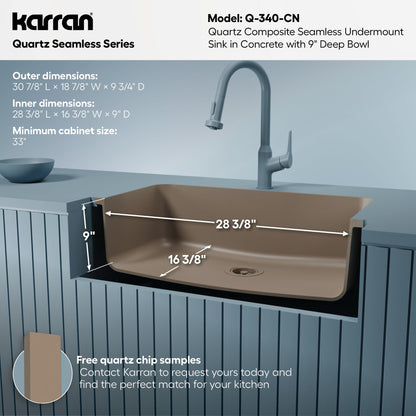 30-7/8" Seamless Undermount Large Single Bowl Quartz Composite Kitchen Sink In Concrete