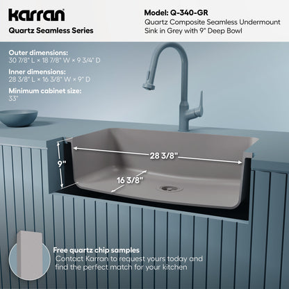 30-7/8" Seamless Undermount Large Single Bowl Quartz Composite Kitchen Sink In Grey