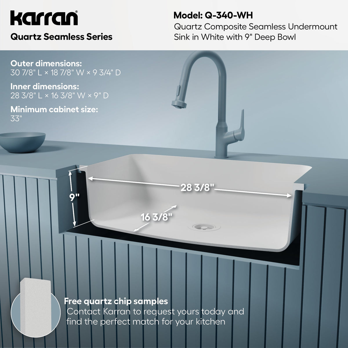 30-7/8" Seamless Undermount Large Single Bowl Quartz Composite Kitchen Sink In White