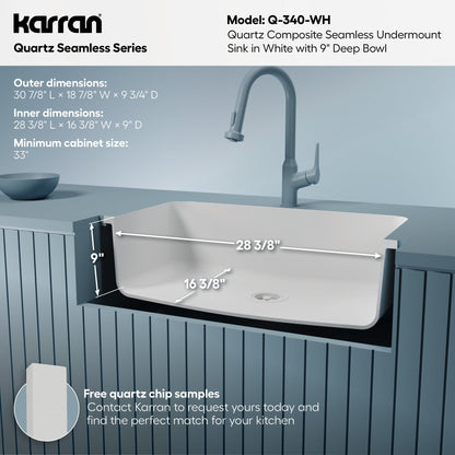 30-7/8" Seamless Undermount Large Single Bowl Quartz Composite Kitchen Sink In White