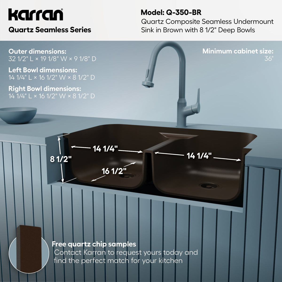 32-7/8" Seamless Undermount Doube Equal Bowl Quartz Composite Kitchen Sink In Brown