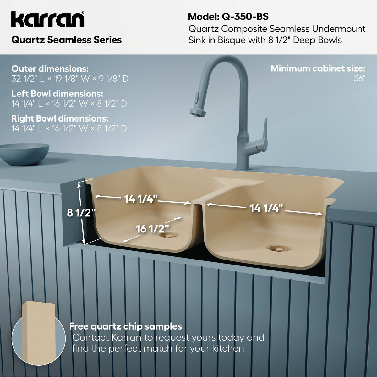 32-7/8" Seamless Undermount Doube Equal Bowl Quartz Composite Kitchen Sink In Bisque
