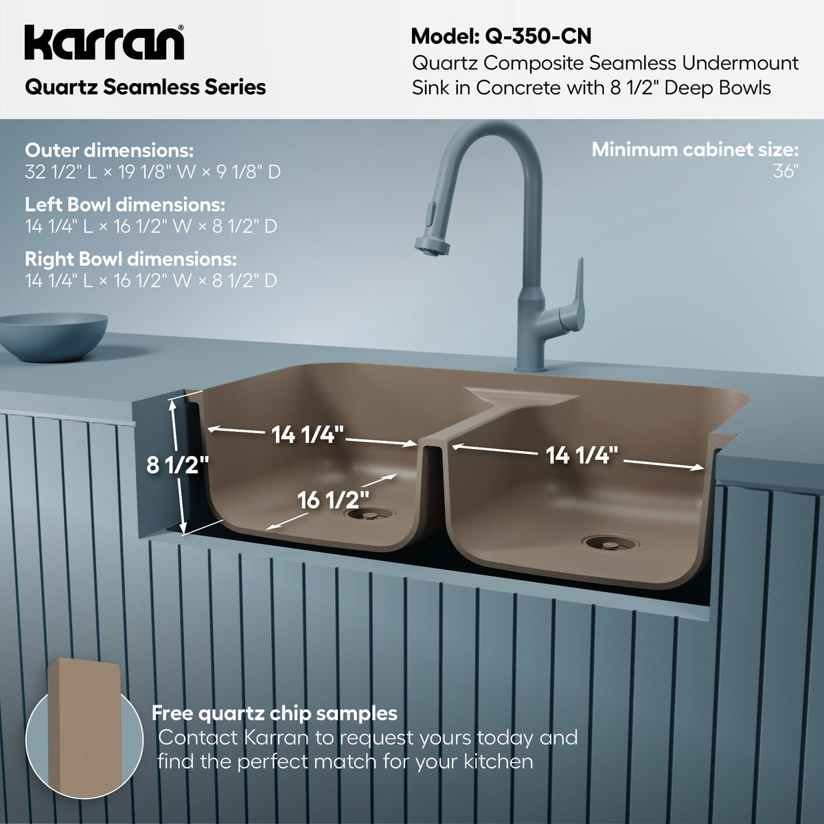 32-7/8" Seamless Undermount Doube Equal Bowl Quartz Composite Kitchen Sink In Concrete
