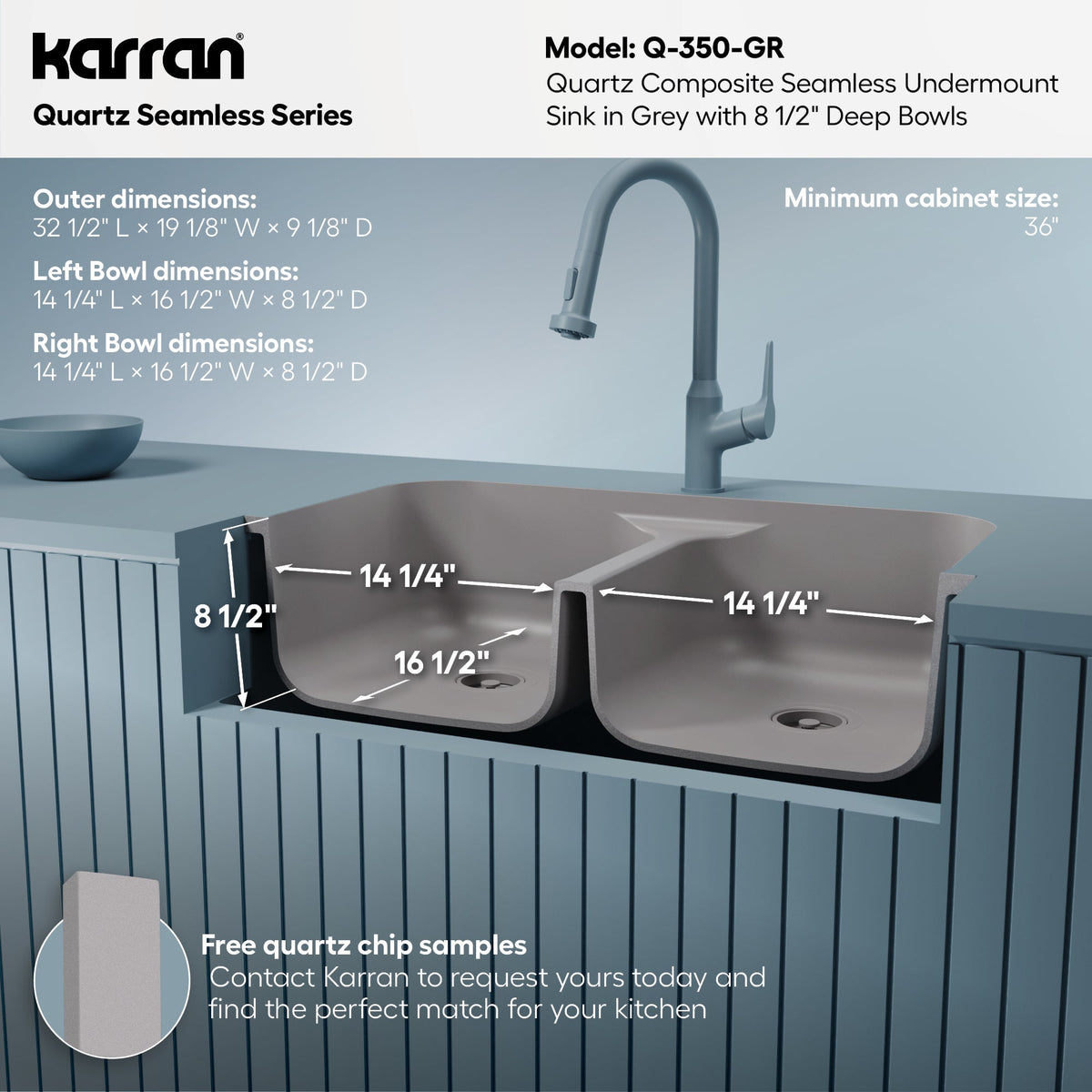 32-7/8" Seamless Undermount Doube Equal Bowl Quartz Composite Kitchen Sink In Grey