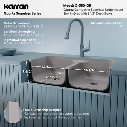 32-7/8" Seamless Undermount Doube Equal Bowl Quartz Composite Kitchen Sink In Grey