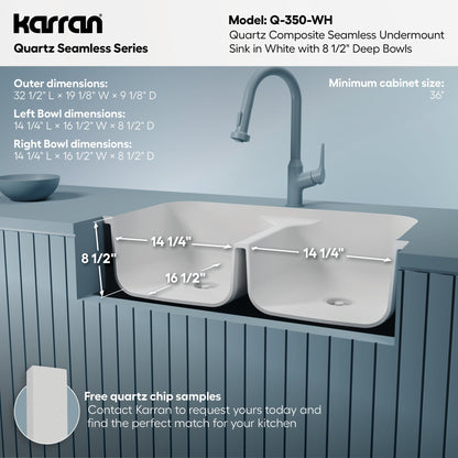 32-7/8" Seamless Undermount Doube Equal Bowl Quartz Composite Kitchen Sink In White