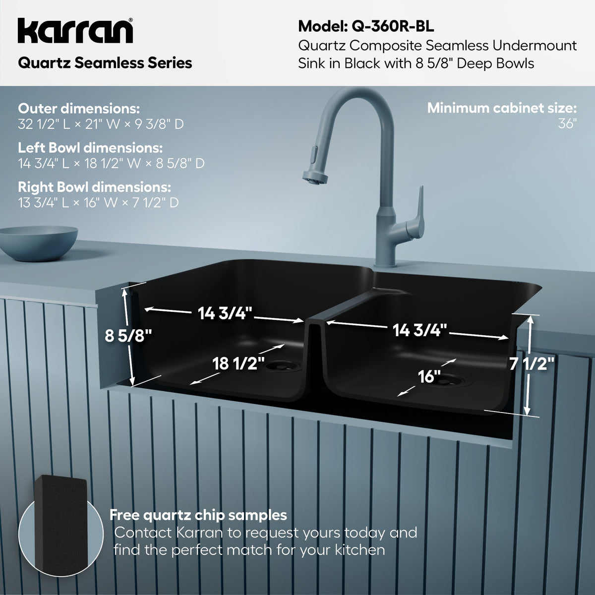 32-3/8" Seamless Undermount Double Offset Bowl Quartz Composite Kitchen Sink In Black
