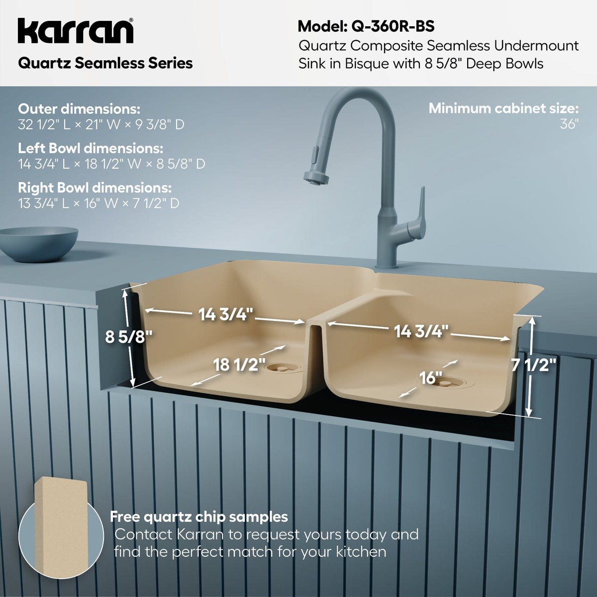 32-3/8" Seamless Undermount Double Offset Bowl Quartz Composite Kitchen Sink In Bisque