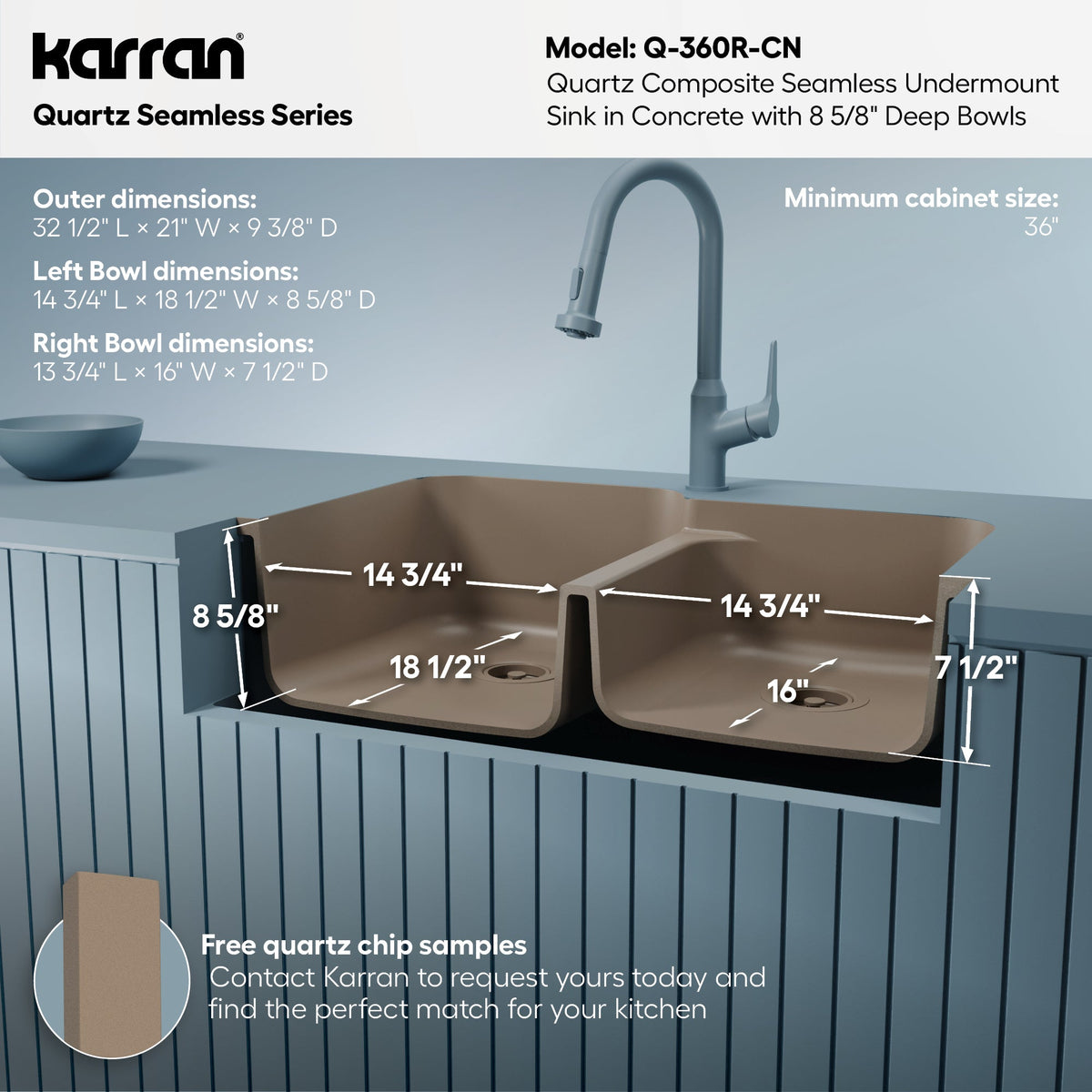 32-3/8" Seamless Undermount Double Offset Bowl Quartz Composite Kitchen Sink In Concrete