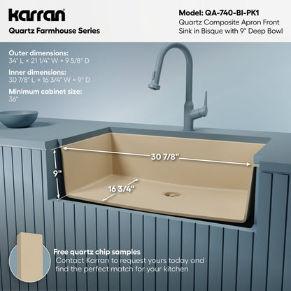 Farmhouse/Apron-Front Quartz Composite 34" Single Bowl Kitchen Sink Kit In Bisque