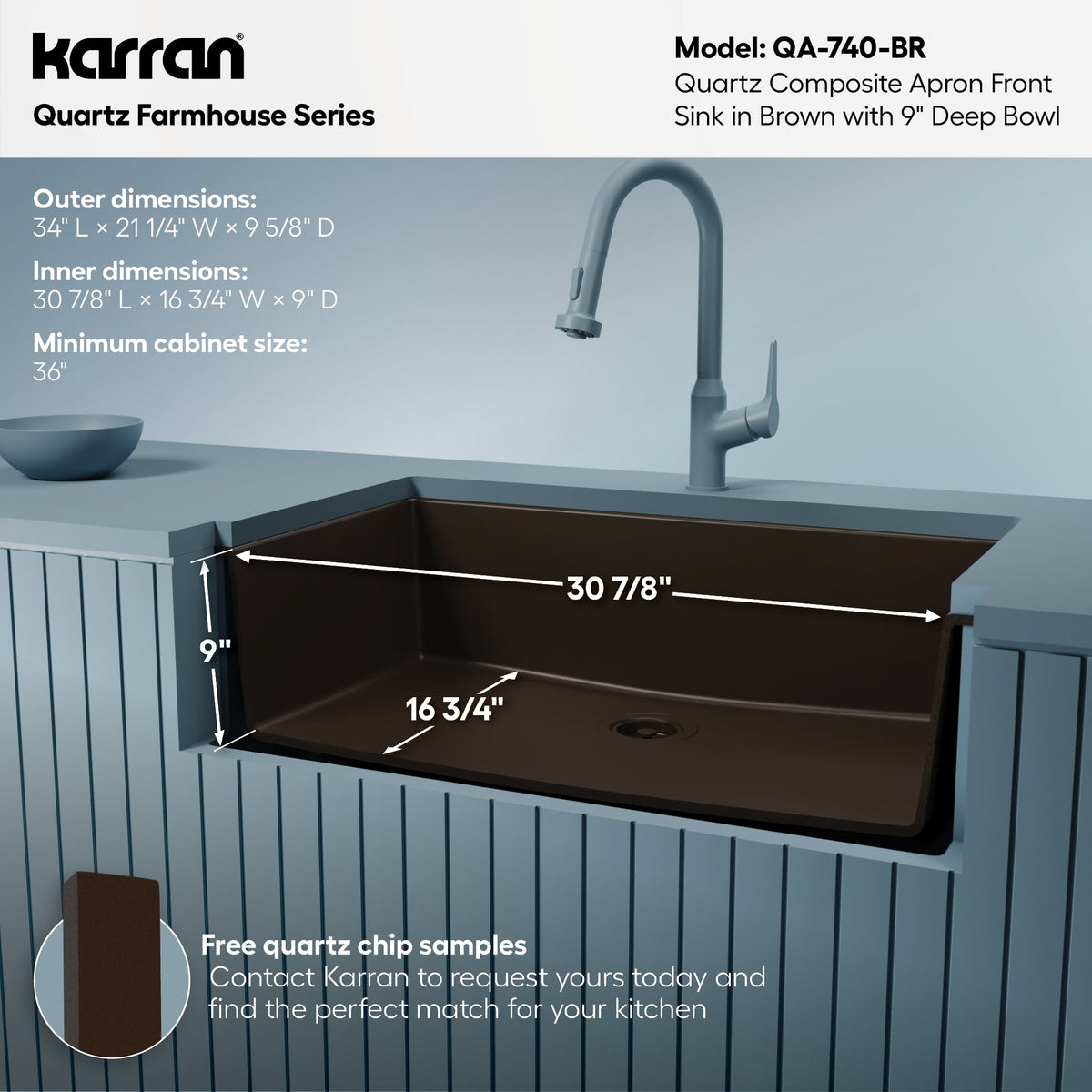 34" Farmhouse Large Single Bowl Quartz Composite Kitchen Sink In Brown