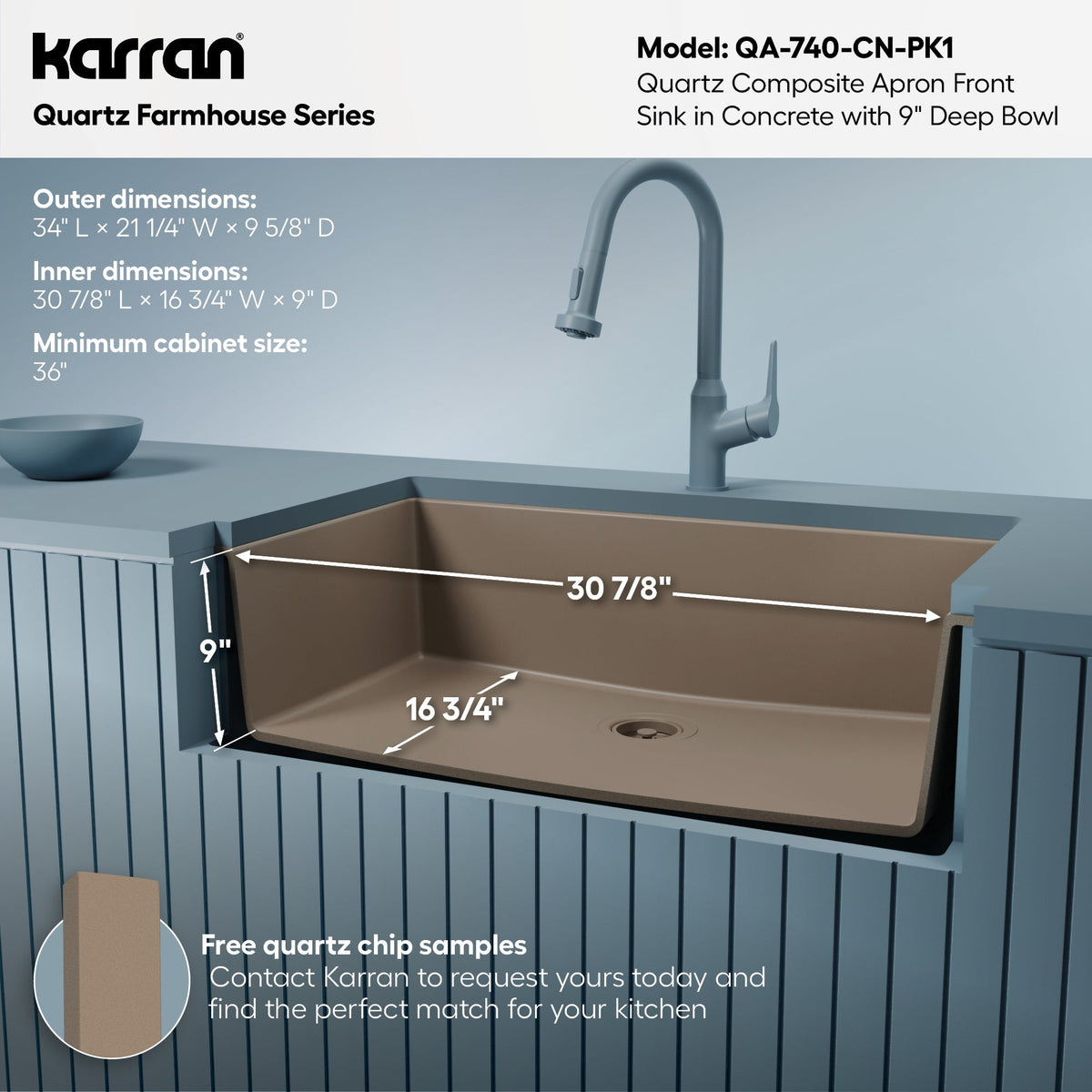34" Farmhouse Large Single Bowl Quartz Composite Kitchen Sink Kit In Concrete