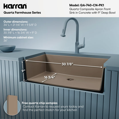 34" Farmhouse Large Single Bowl Quartz Composite Kitchen Sink Kit In Concrete