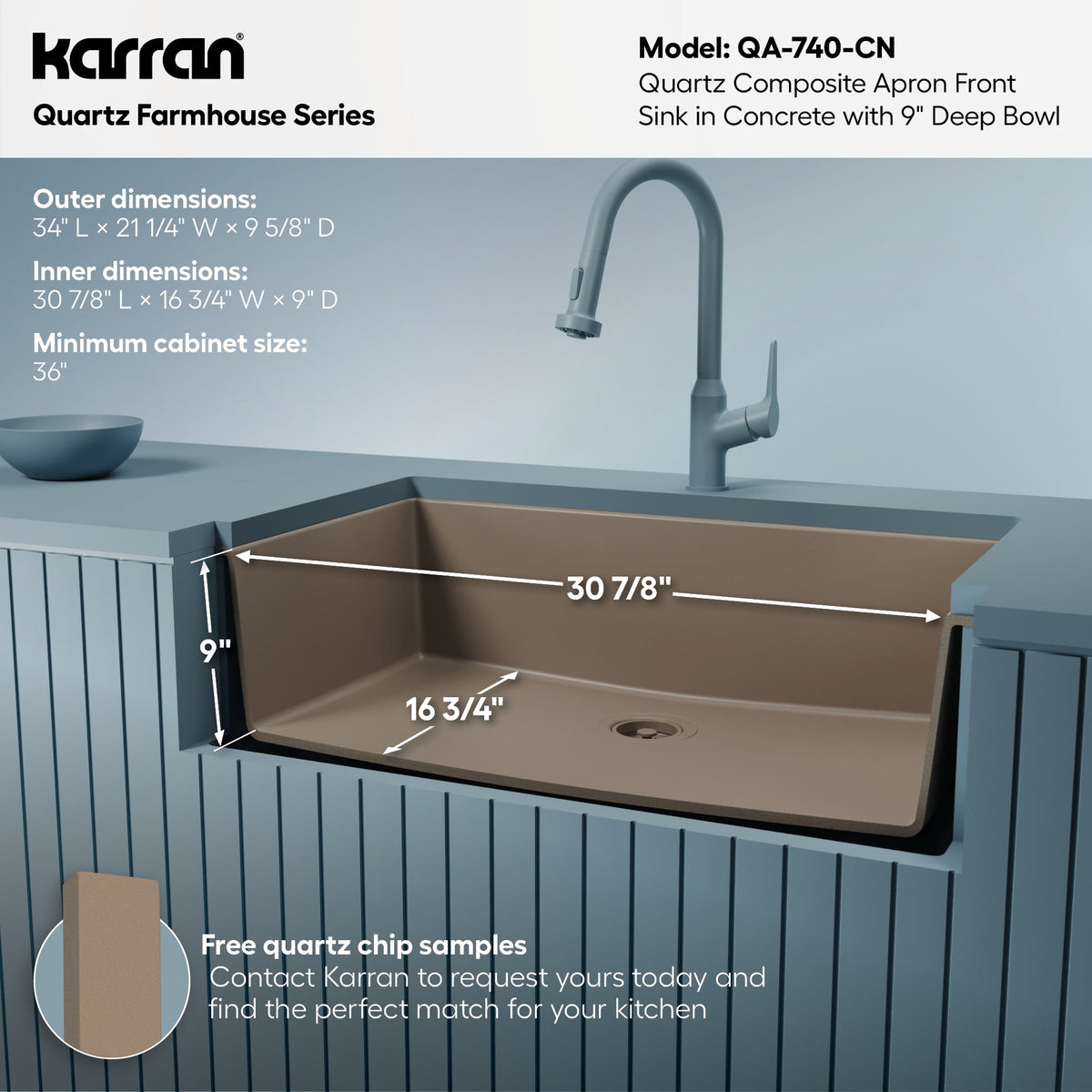 34" Farmhouse Large Single Bowl Quartz Composite Kitchen Sink In Concrete