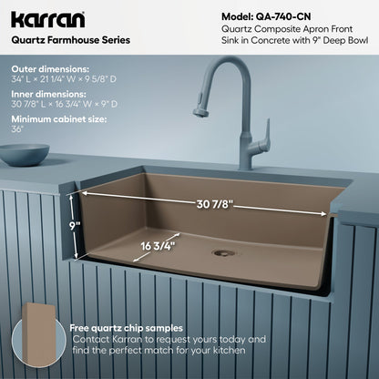 34" Farmhouse Large Single Bowl Quartz Composite Kitchen Sink In Concrete