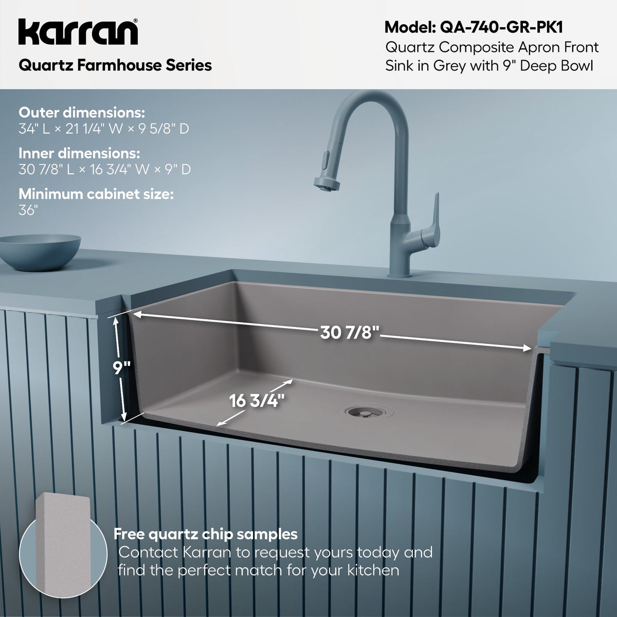 34" Farmhouse Large Single Bowl Quartz Composite Kitchen Sink Kit In Grey