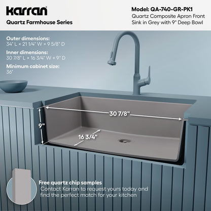 34" Farmhouse Large Single Bowl Quartz Composite Kitchen Sink Kit In Grey