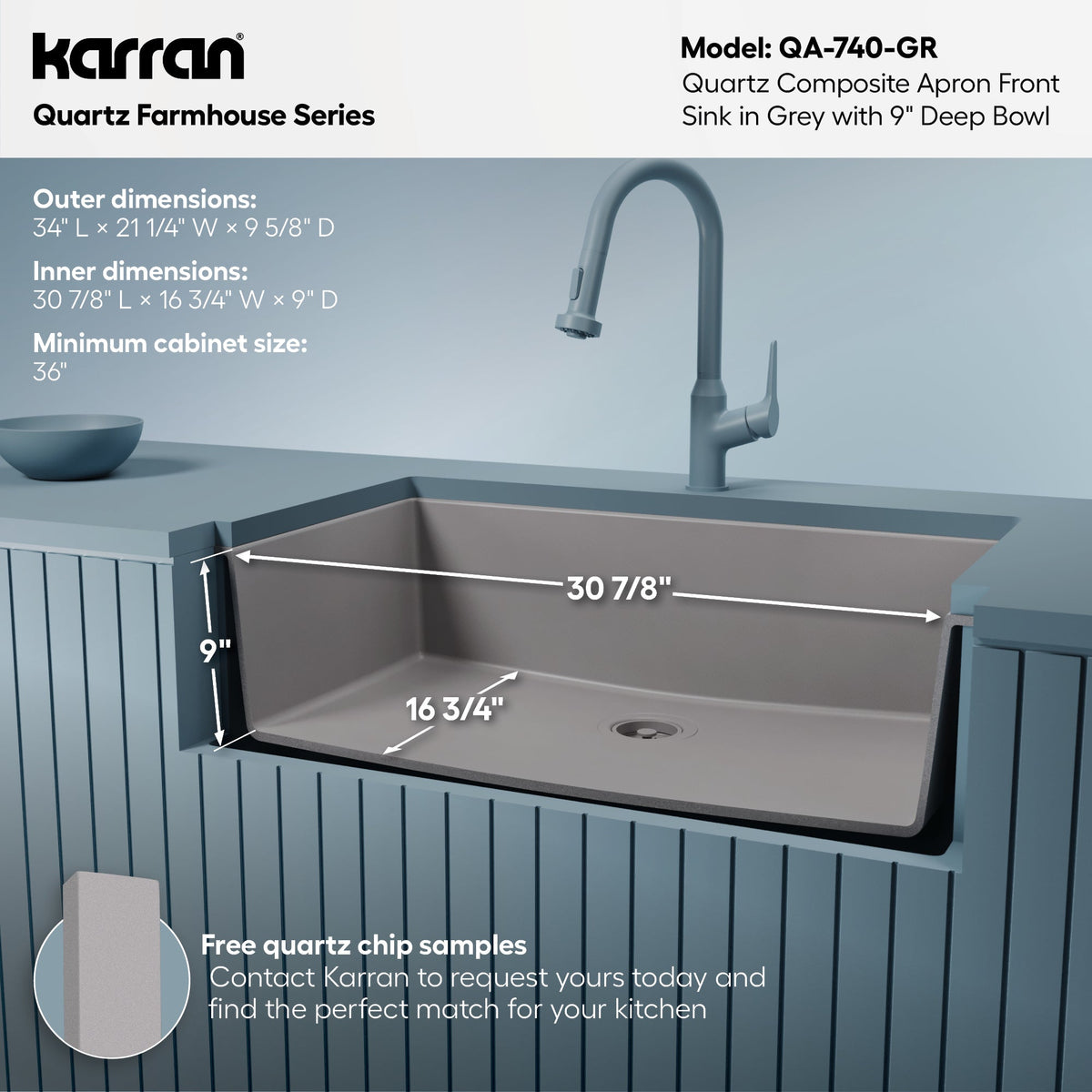 34" Farmhouse Large Single Bowl Quartz Composite Kitchen Sink In Grey