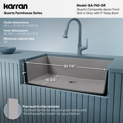 34" Farmhouse Large Single Bowl Quartz Composite Kitchen Sink In Grey