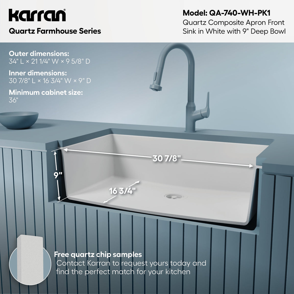 34" Farmhouse Large Single Bowl Quartz Composite Kitchen Sink Kit In White