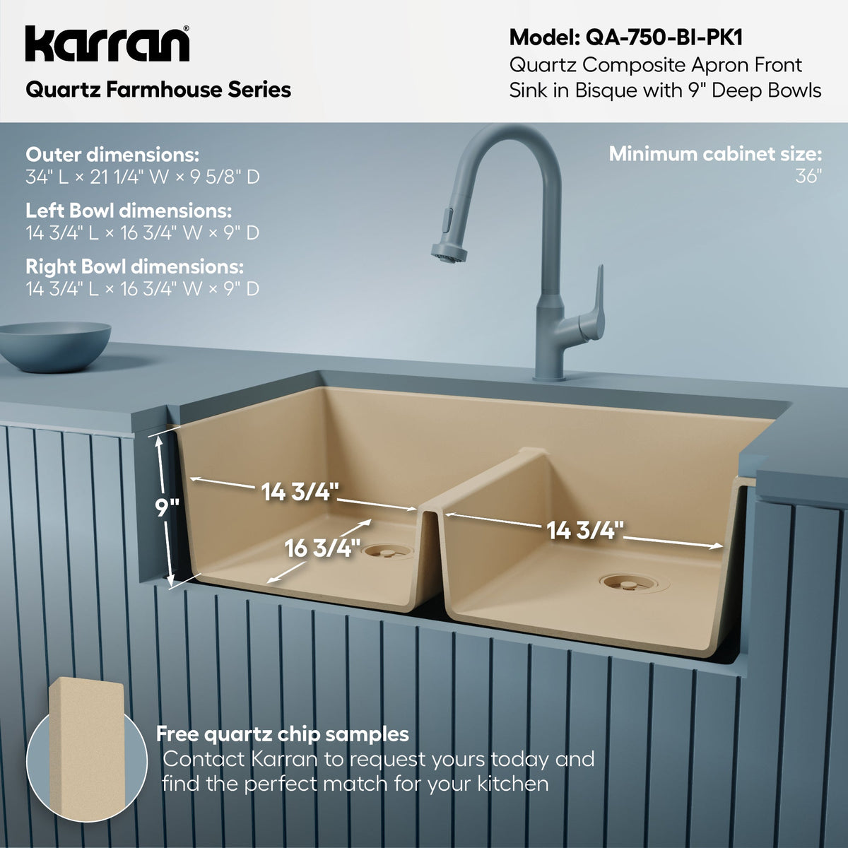 34" Farmhouse Double Equal Bowl Quartz Composite Kitchen Sink Kit In Bisque