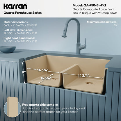 34" Farmhouse Double Equal Bowl Quartz Composite Kitchen Sink Kit In Bisque