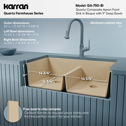 34" Farmhouse Double Equal Bowl Quartz Composite Kitchen Sink In Bisque