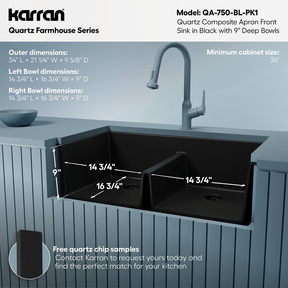 34" Farmhouse Double Equal Bowl Quartz Composite Kitchen Sink Kit In Black