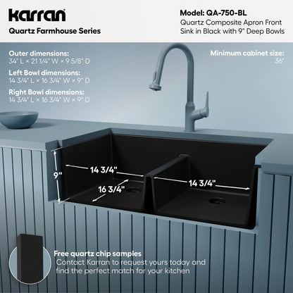 34" Farmhouse Double Equal Bowl Quartz Composite Kitchen Sink In Black