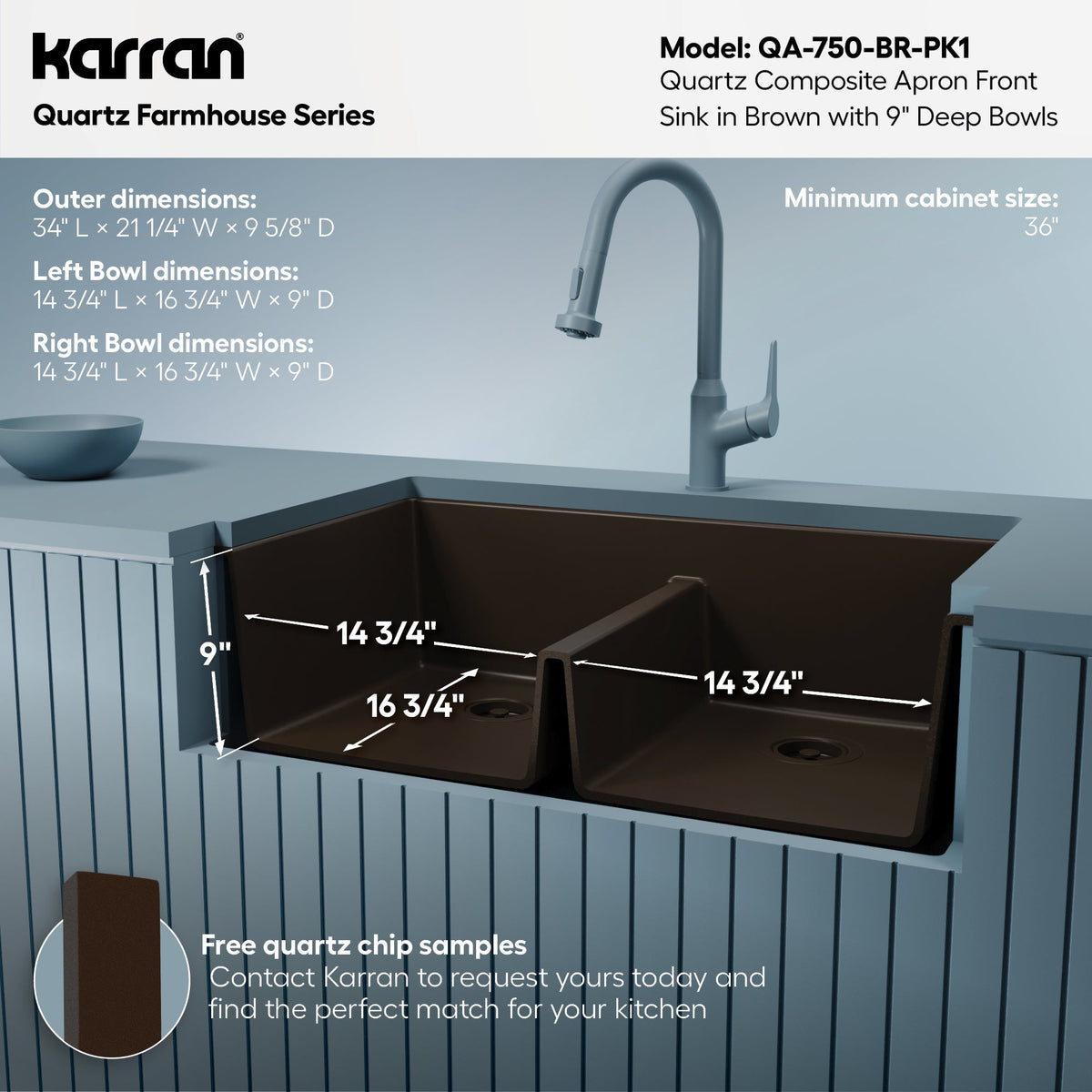 34" Farmhouse Double Equal Bowl Quartz Composite Kitchen Sink Kit In Brown