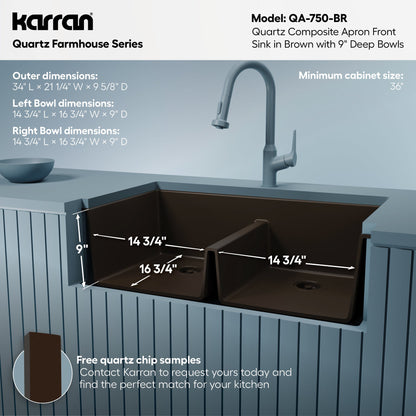 34" Farmhouse Double Equal Bowl Quartz Composite Kitchen Sink In Brown