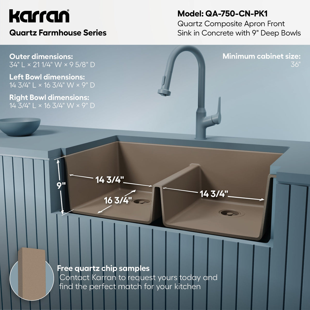 34" Farmhouse Double Equal Bowl Quartz Composite Kitchen Sink Kit In Concrete