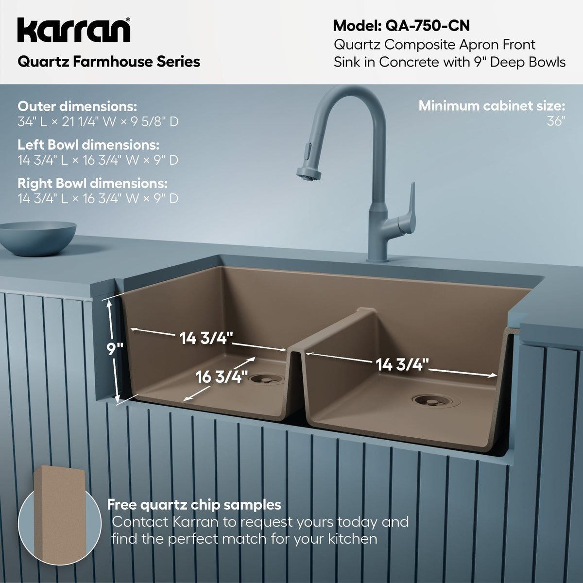 34" Farmhouse Double Equal Bowl Quartz Composite Kitchen Sink In Concrete