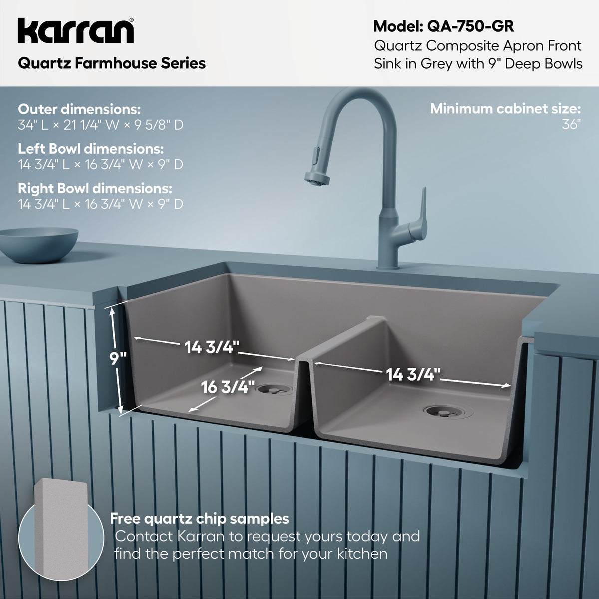 34" Farmhouse Double Equal Bowl Quartz Composite Kitchen Sink In Grey