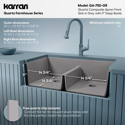 34" Farmhouse Double Equal Bowl Quartz Composite Kitchen Sink In Grey