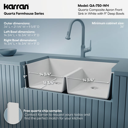 34" Farmhouse Double Equal Bowl Quartz Composite Kitchen Sink In White
