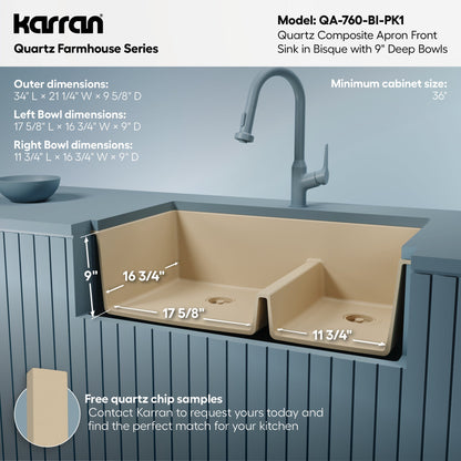 34" Farmhouse Double Offset Bowl Quartz Composite Kitchen Sink Kit In Bisque