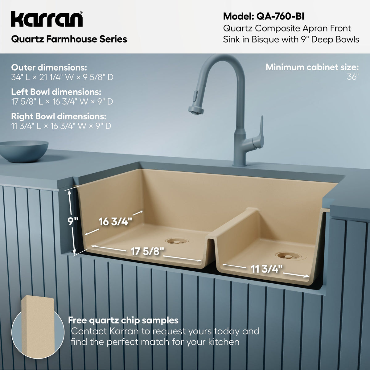 34" Farmhouse Double Offset Bowl Quartz Composite Kitchen Sink In Bisque