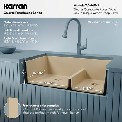 34" Farmhouse Double Offset Bowl Quartz Composite Kitchen Sink In Bisque