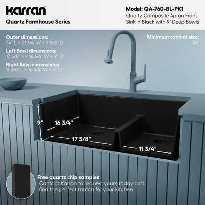 34" Farmhouse Double Offset Bowl Quartz Composite Kitchen Sink Kit In Black