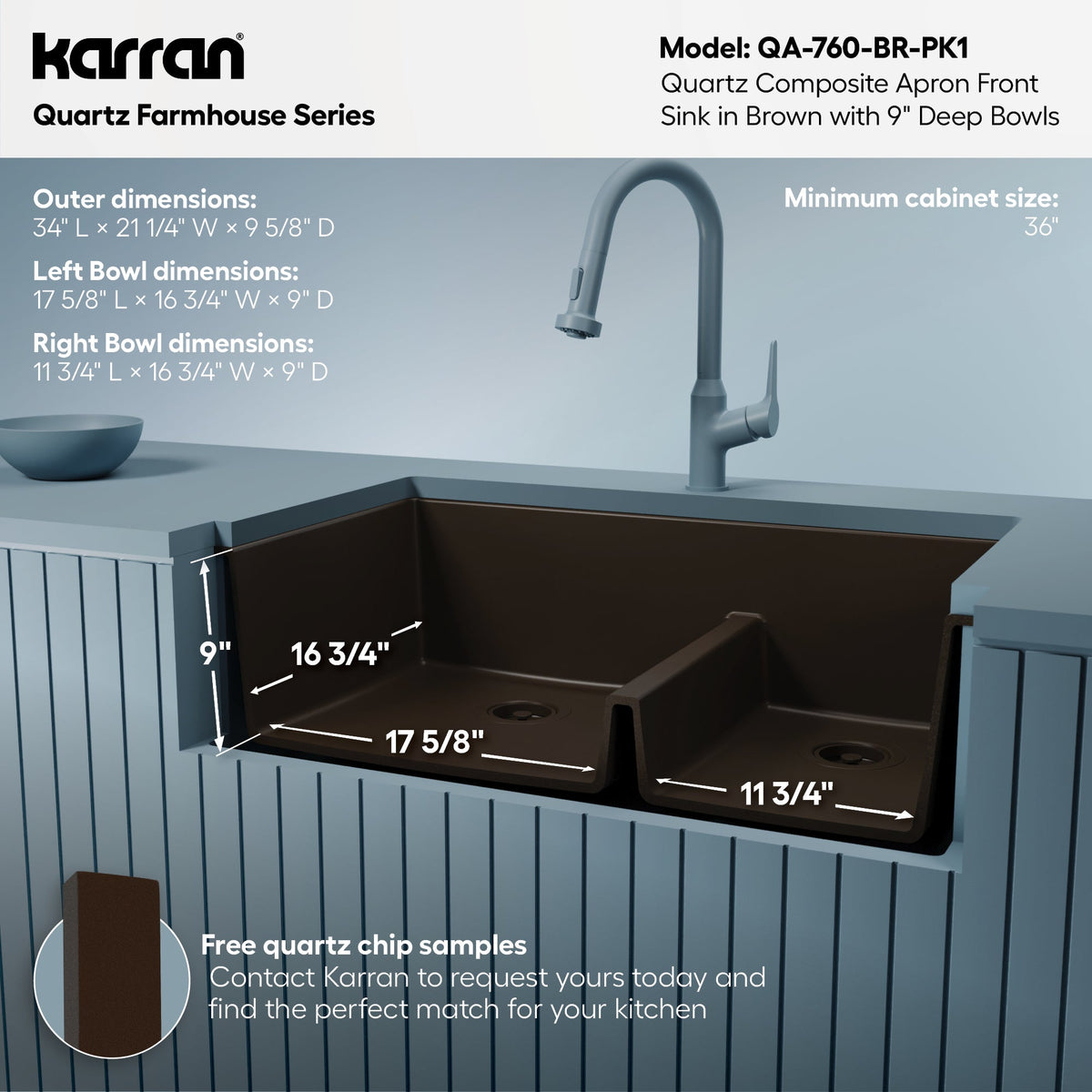 34" Farmhouse Double Offset Bowl Quartz Composite Kitchen Sink Kit In Brown