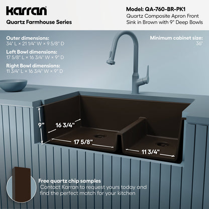 34" Farmhouse Double Offset Bowl Quartz Composite Kitchen Sink Kit In Brown