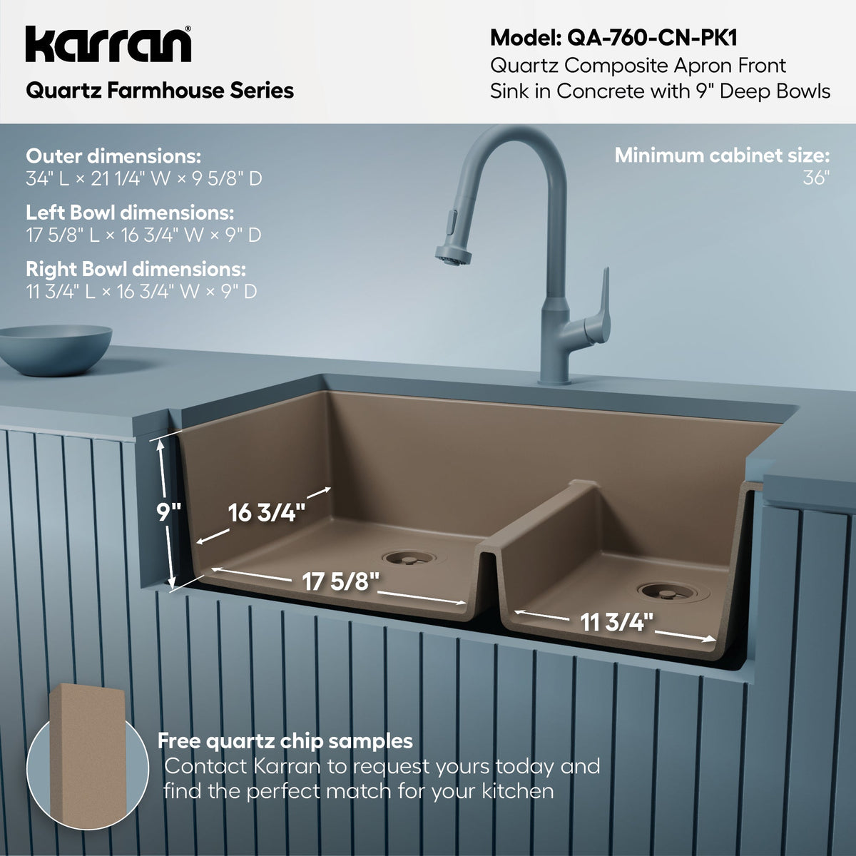 34" Farmhouse Double Offset Bowl Quartz Composite Kitchen Sink Kit In Concrete