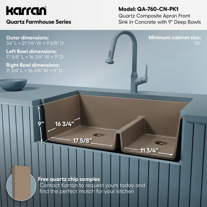 34" Farmhouse Double Offset Bowl Quartz Composite Kitchen Sink Kit In Concrete