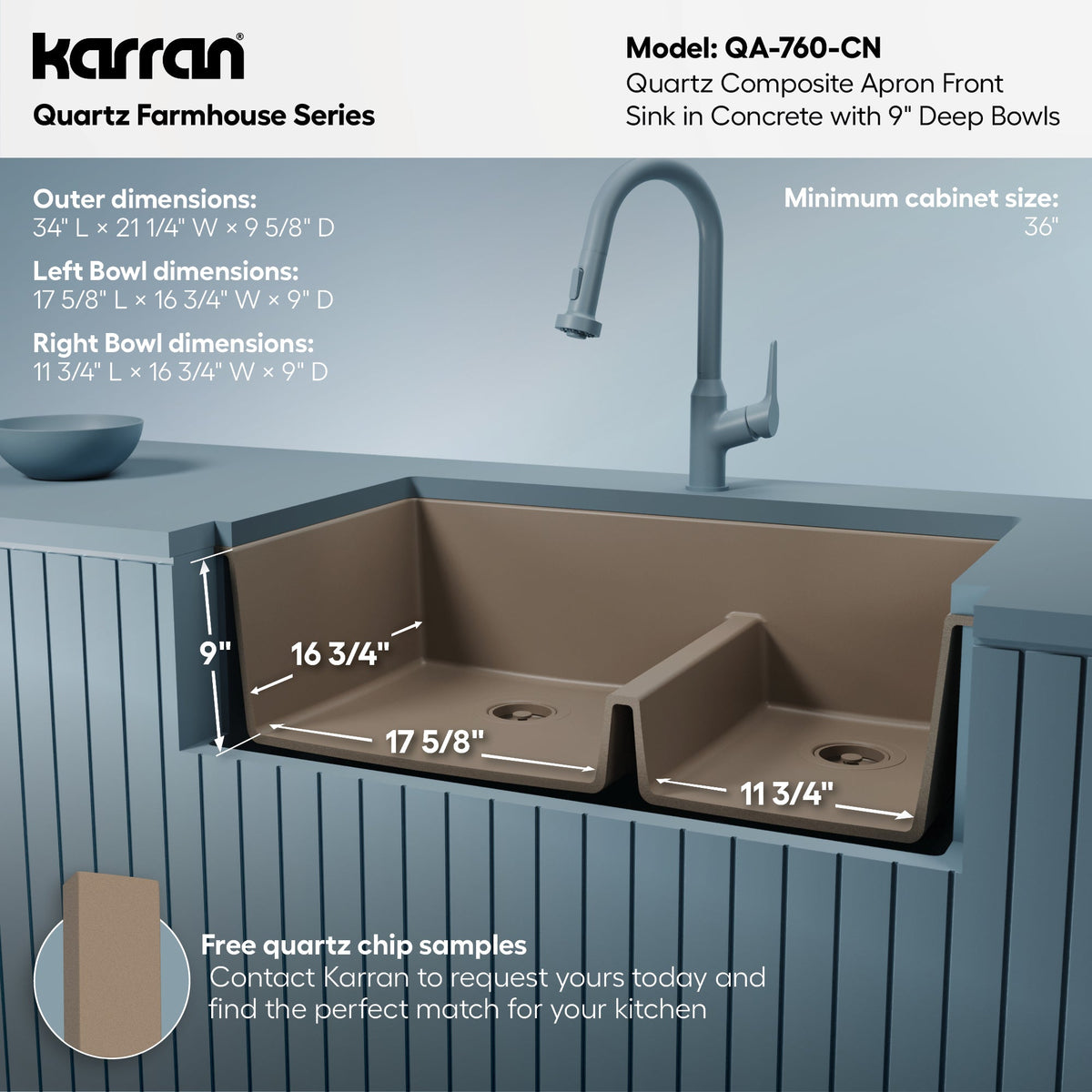 34" Farmhouse Double Offset Bowl Quartz Composite Kitchen Sink In Concrete