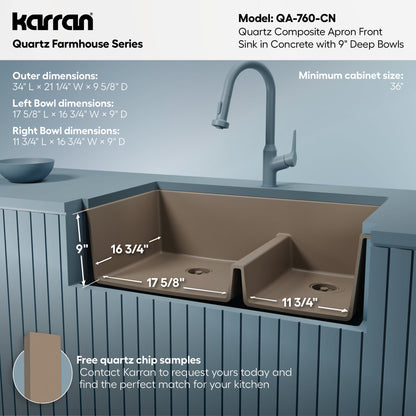34" Farmhouse Double Offset Bowl Quartz Composite Kitchen Sink In Concrete