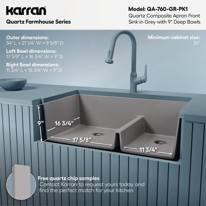 34" Farmhouse Double Offset Bowl Quartz Composite Kitchen Sink Kit In Grey
